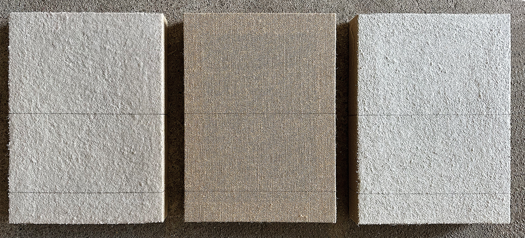 Wordsfail by Christian Blau, 3 times 40 x 30 x 6 cm Sand, Burlap, Sand/White 6/21