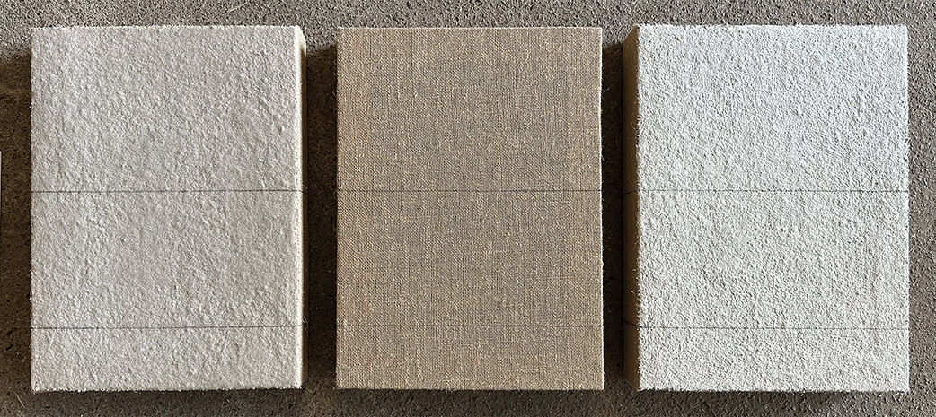 Wordsfail by Christian Blau, 3 times 40 x 30 x 6 cm Sand, Burlap, Sand/White 7/22
