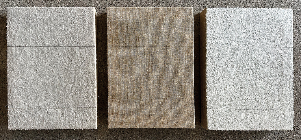 Wordsfail by Christian Blau, 3 times 40 x 30 x 6 cm Sand, Burlap, Sand/White 7/27