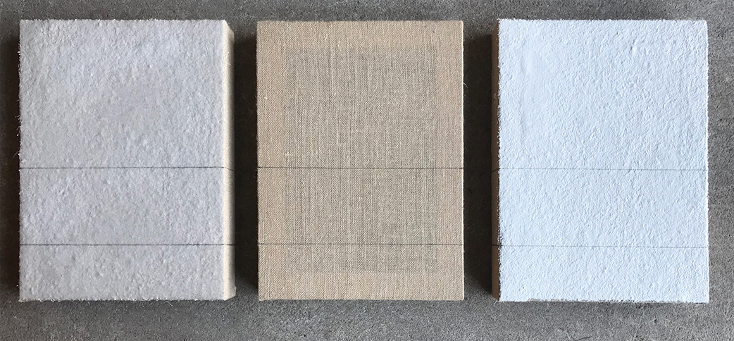 Wordsfail by Christian Blau, 3 times 40 x 30 x 6 cm Sand, Burlap, Sand/White 8/19