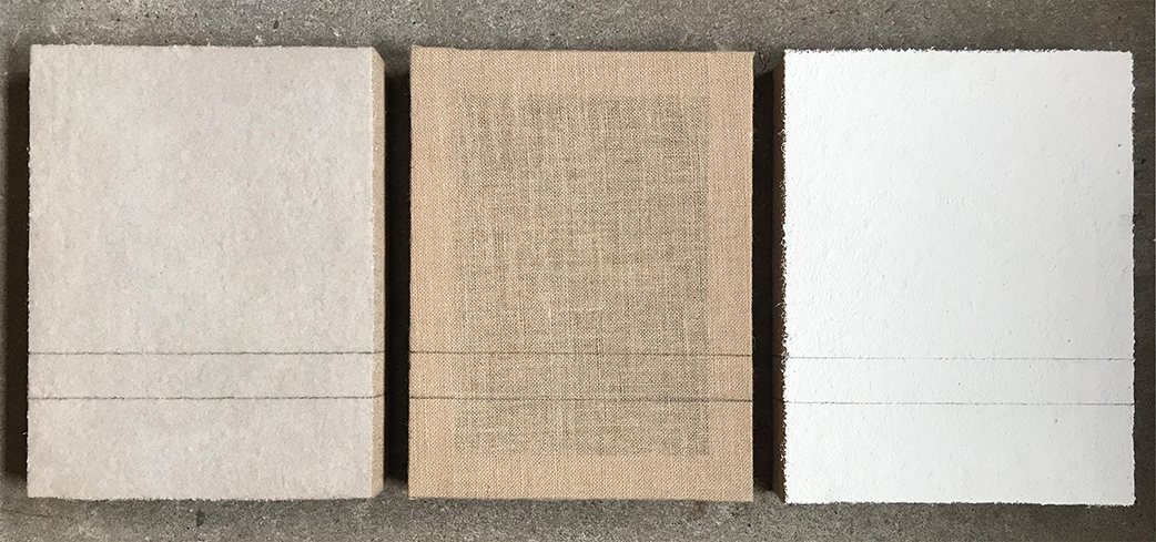 Wordsfail by Christian Blau, 3 times 40 x 30 x 6 cm Sand, Burlap, Sand/White 9/13