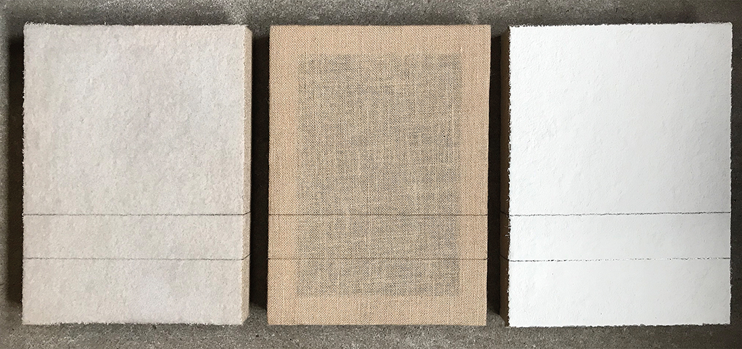Wordsfail by Christian Blau, 3 times 40 x 30 x 6 cm Sand, Burlap, Sand/White 9/15